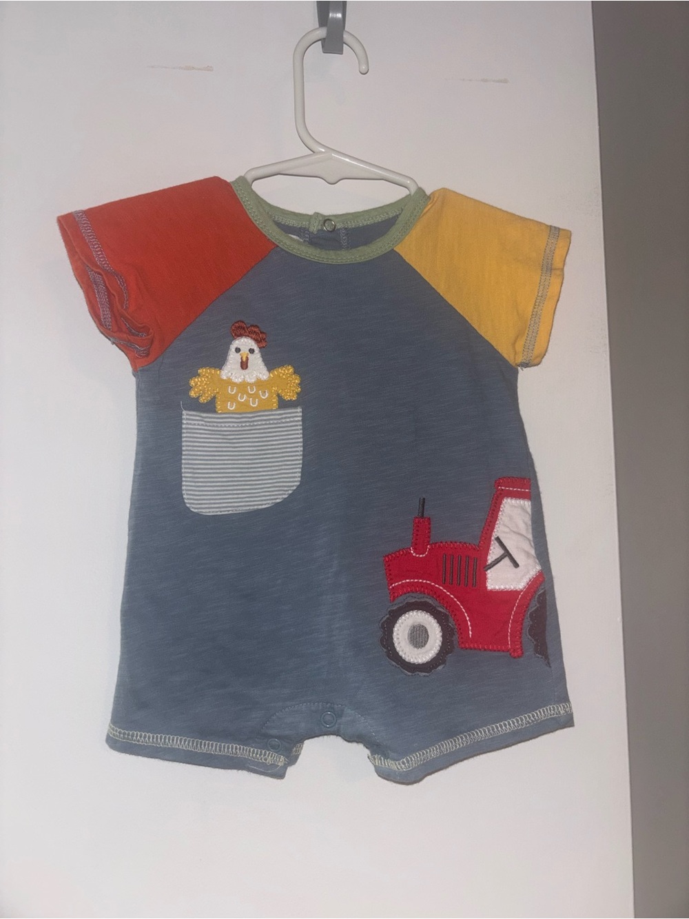 Mud Pie Blue Romper with Red Tractor and Multicolor Sleeves